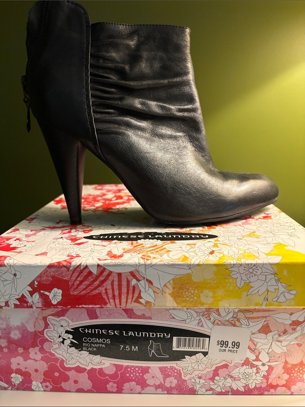 Chinese Laundry Black Leather Pointed Ankle Boot with 3 1/2 “ Heel